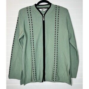 Exclusively Misook Sage Green Black Trim  Knit Full Zip Cardigan Jacket  Small